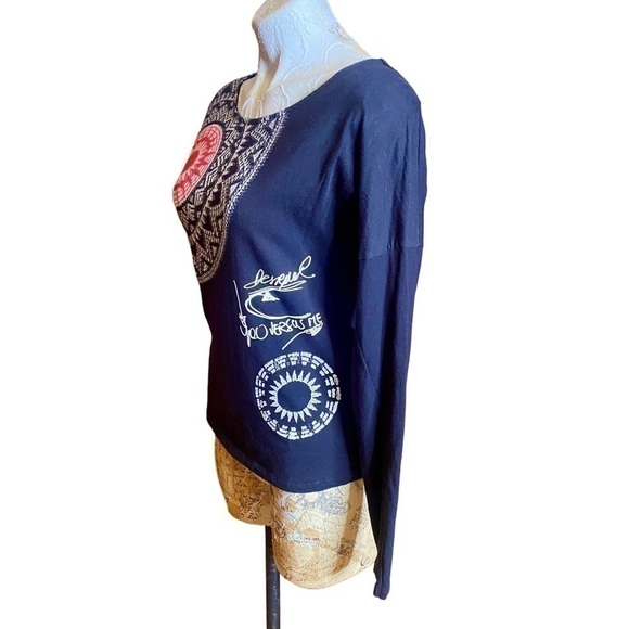 Desigual Floral Geometric Artsy Knit Green Print Long Sleeve Graphic Top Medium - Picture 4 of 9